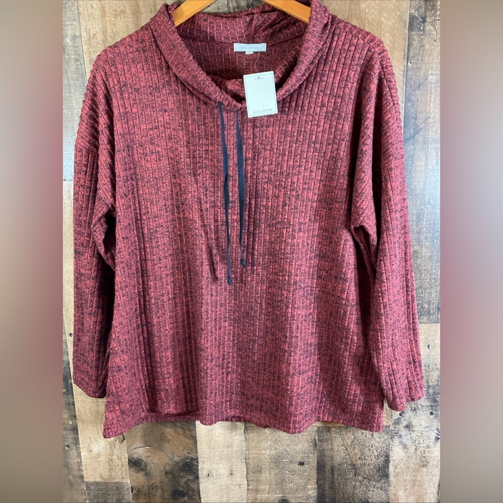 Ava James Cowl Neck Red & Black Ribbed sweater Top W/ Drawstring Collar Size 1X